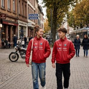 BMW M Power jacket, Red racing jacket, Motorsport streetwear, Red bomber jacket.