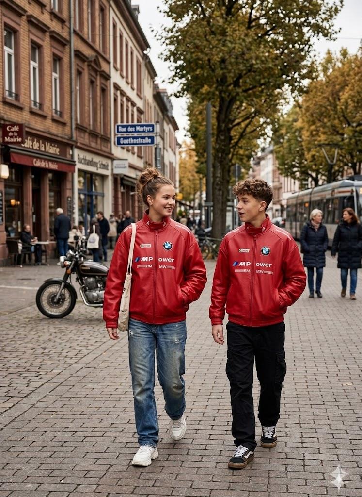 BMW M Power jacket, Red racing jacket, Motorsport streetwear, Red bomber jacket.