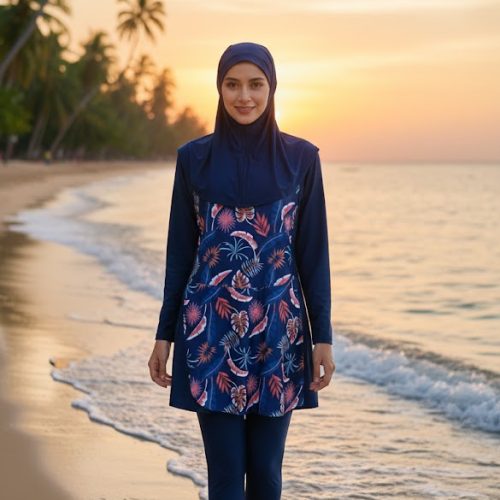 Midnight Navy Floral Tropical Burqini – 3-Piece Modest Swimwear Set