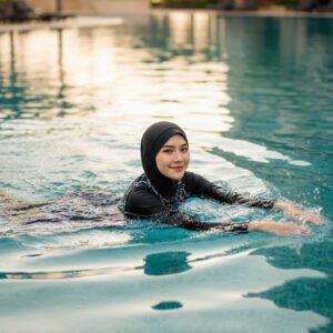 Geometric Star Print Burkini Set - Black