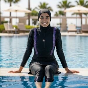 Women’s modest full-coverage swim dress set with long sleeves and leggings burkini swimsuit