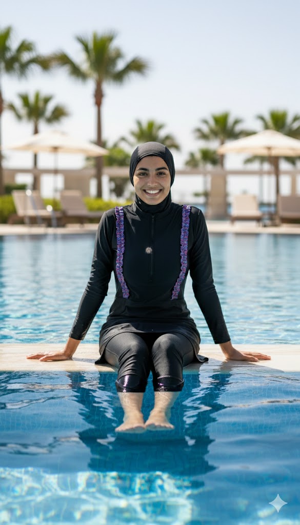 Women’s modest full-coverage swim dress set with long sleeves and leggings burkini swimsuit