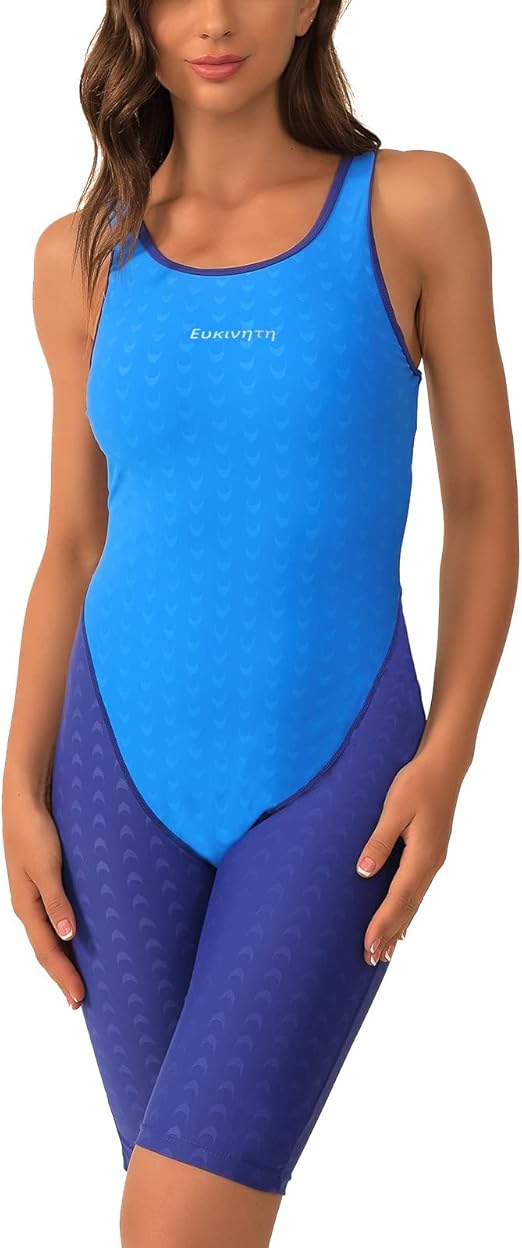 Women’s competitive one piece swimsuit knee length boyleg racerback athletic swimwear”