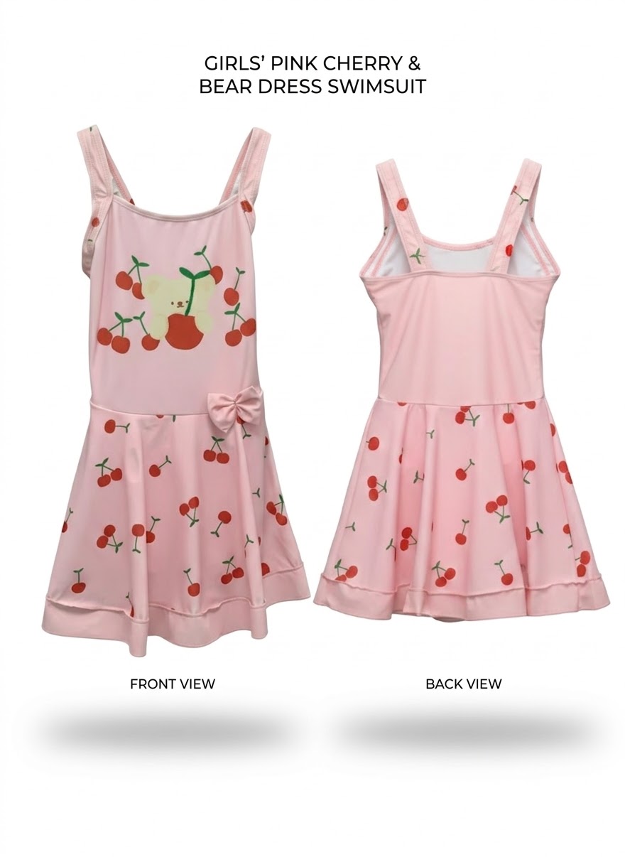 Girls' Pink Cherry & Bear Dress Swimsuit