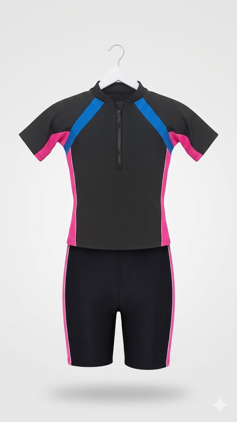 Front view product shot of a kids' black short-sleeve wetsuit on a hanger. The top features blue diagonal shoulder panels, pink sleeve and side panels, a mock collar, and a front zipper. The matching black swim shorts have pink side stripes. Displayed on a clean white background.