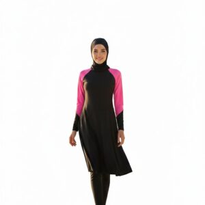 Front view of a 3-piece black and grey modest swimwear set on a mannequin featuring a swim dress, leggings, and hijab.