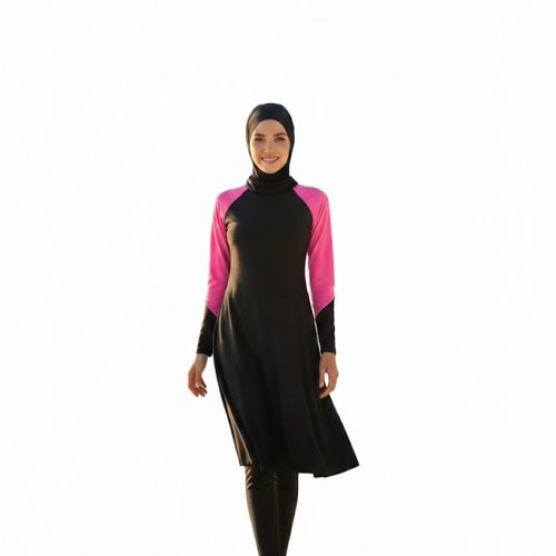Front view of a 3-piece black and grey modest swimwear set on a mannequin featuring a swim dress, leggings, and hijab.