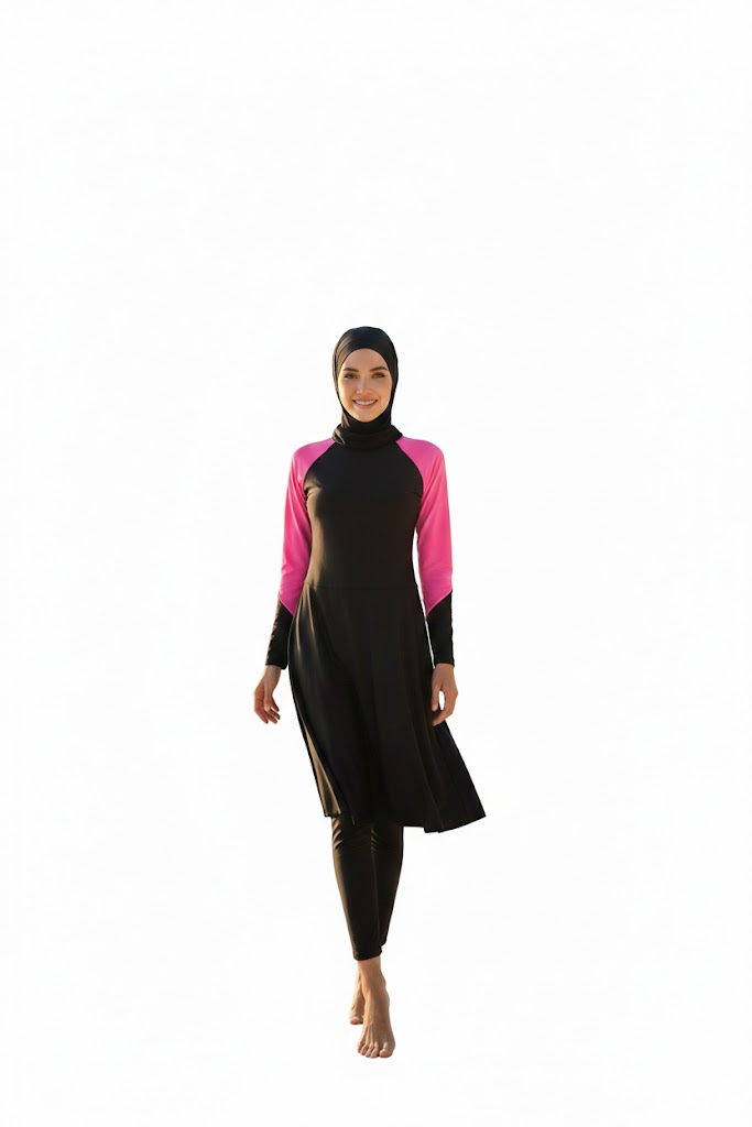 Front view of a 3-piece black and grey modest swimwear set on a mannequin featuring a swim dress, leggings, and hijab.
