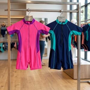 Children's UPF 50+ shorty swimsuits in pink/purple and dark navy/teal hanging on a display in a store. Both suits feature color-blocking, raglan sleeves, and a long front zipper