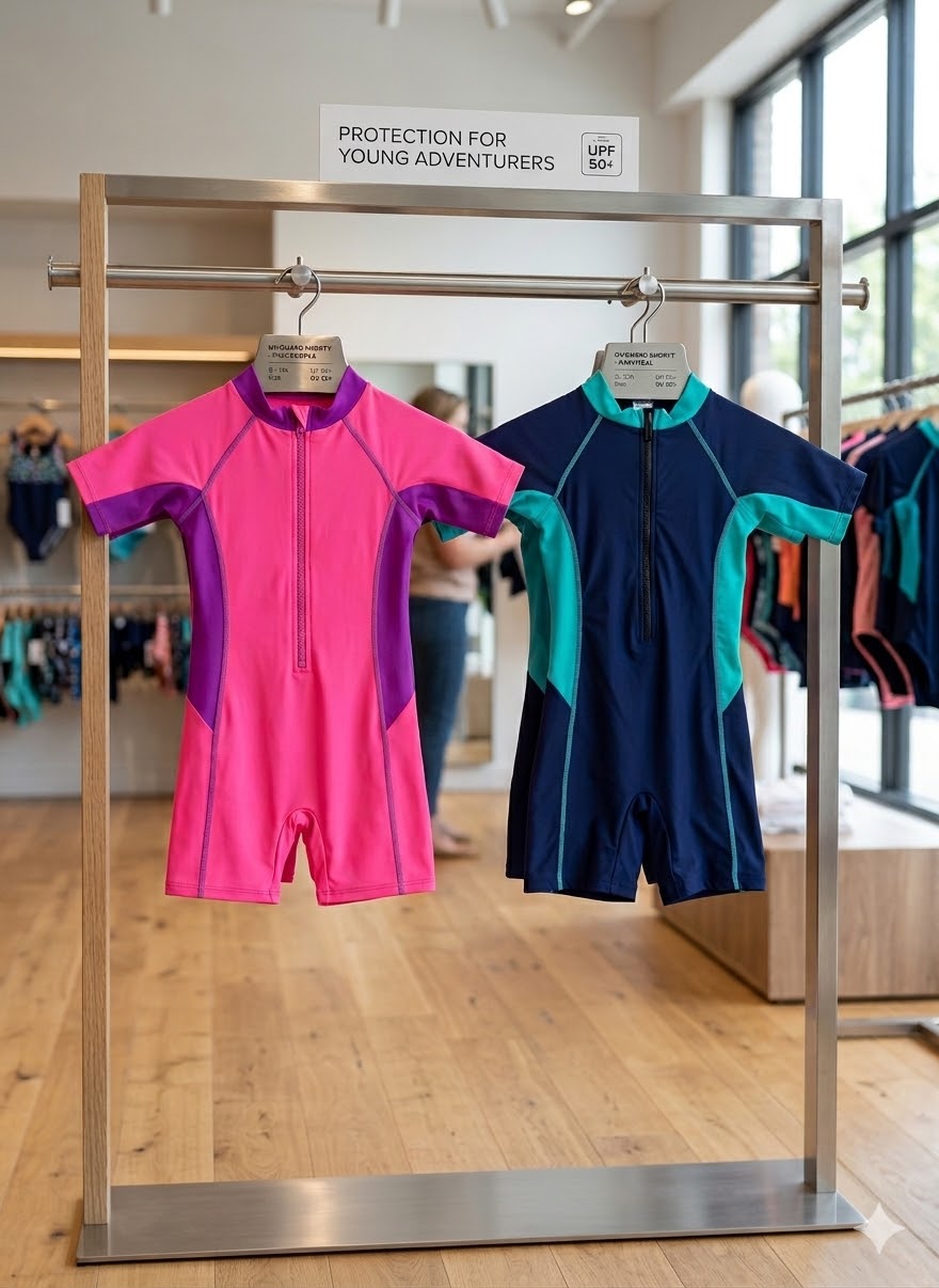 Children's UPF 50+ shorty swimsuits in pink/purple and dark navy/teal hanging on a display in a store. Both suits feature color-blocking, raglan sleeves, and a long front zipper