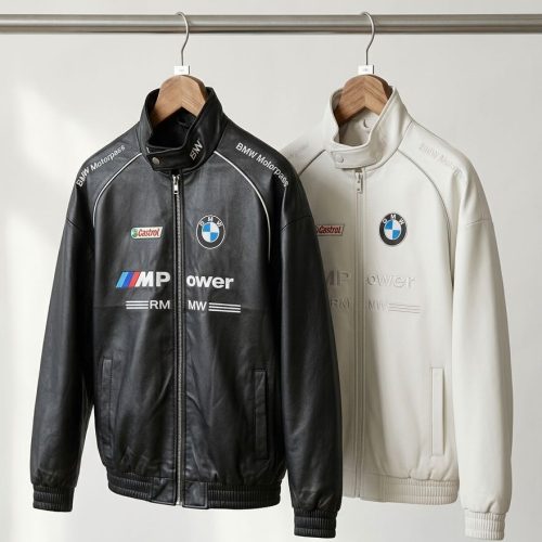 Vintage Style BMW M Motorsport Leather Jacket with Castrol Patch – Unisex Racing Apparel