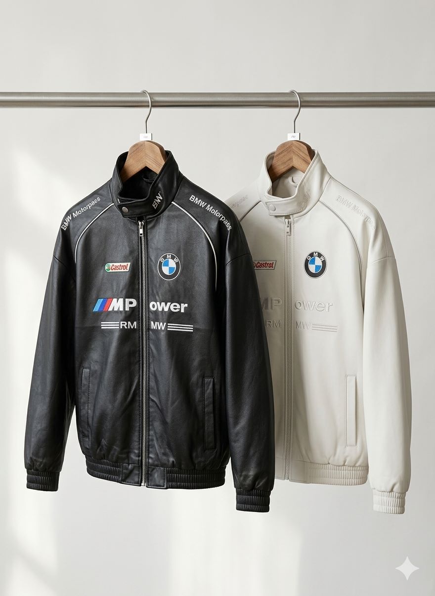 Vintage Style BMW M Motorsport Leather Jacket with Castrol Patch – Unisex Racing Apparel
